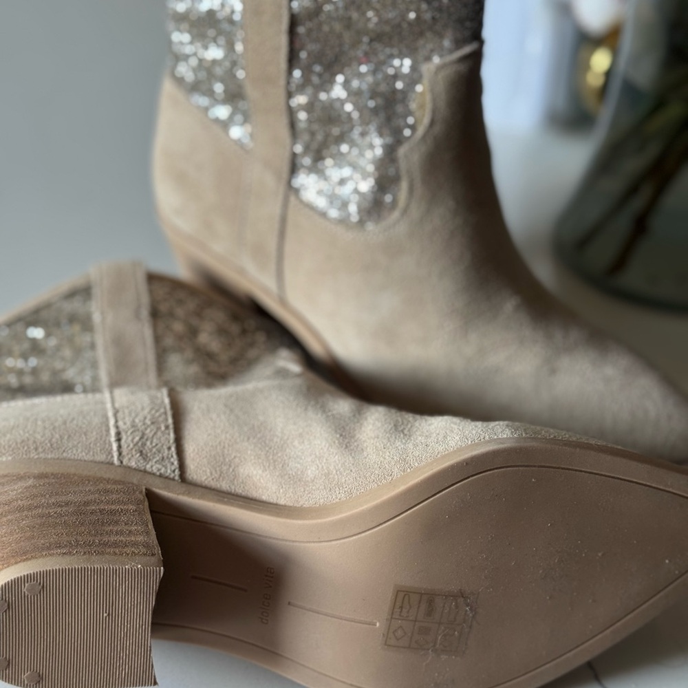 Dolce Vita Taupe Suede Ankle Boots with Glitter Panel